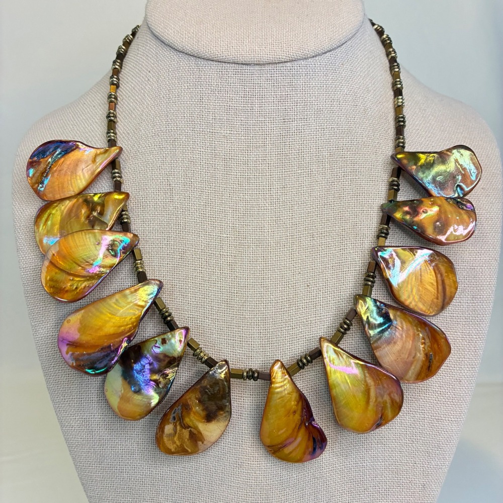 Vintage Mother of Pearl Necklace Shell Statement Artisan Iridescent Golden Bead